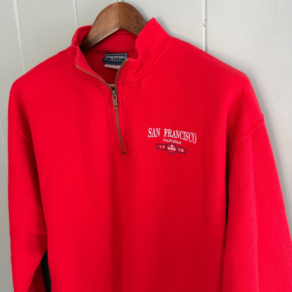 Vintage 90s San Francisco Quarter Zip Sweatshirt Men's XL Red Embroidered Retro - Picture 2 of 8